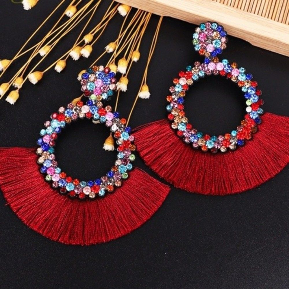 Handmade Red Tassel Drop Earrings with Rhinestones